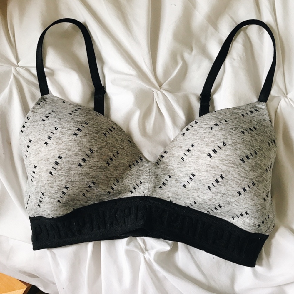 gray and black victoria’s secret pink bra